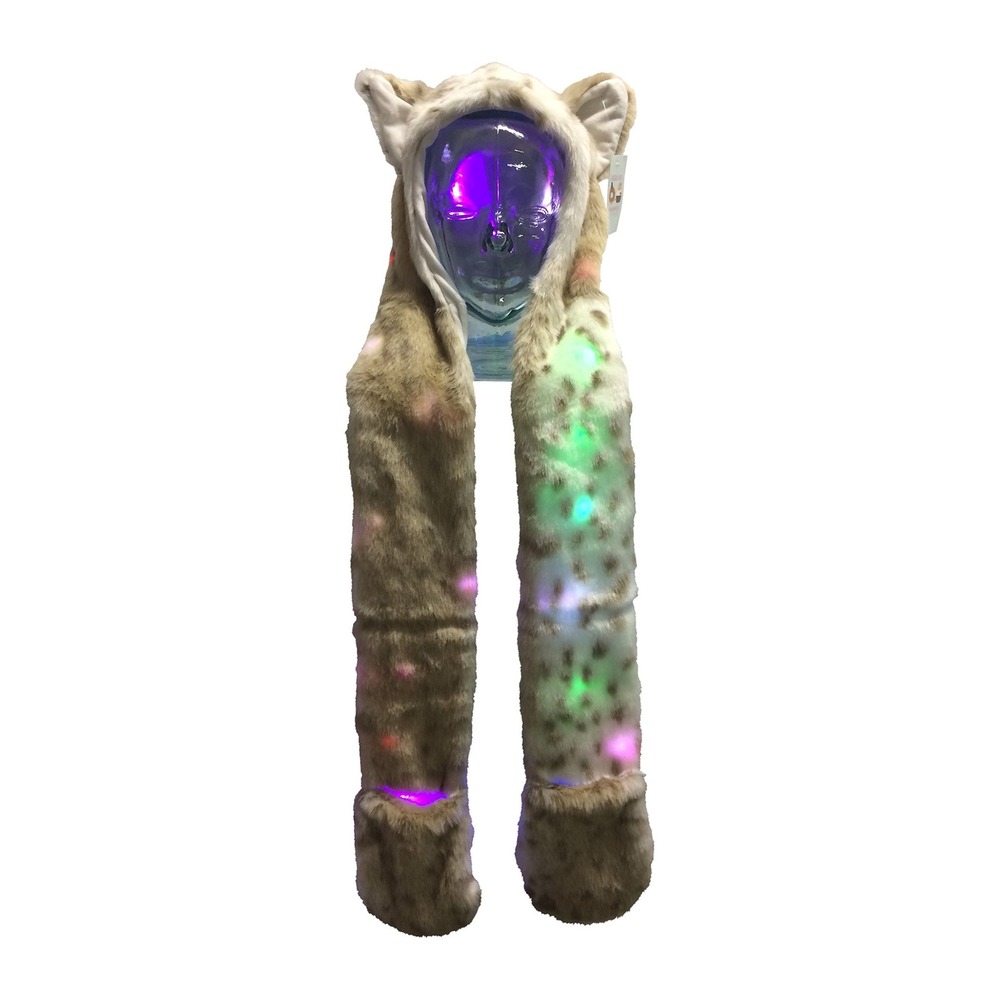 LED Light Up Snow Leopard Hat Scarf Gloves Faux Fur Spirit Hood w/ Paws Cosplay - Picture 4 of 9